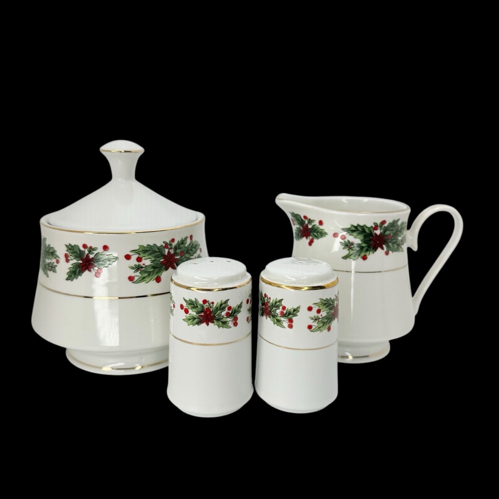 Lynn's Holly Berry Poinsettia Christmas Holiday Cream Sugar Bowl Salt & Pepper
